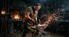 Gemini 3.1 Flash Image — A bearded blacksmith in a dark workshop, sparks fl