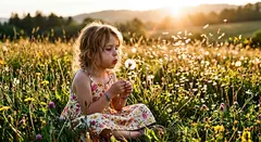 Gemini 3.1 Flash Image — A child blowing dandelion seeds in a sunlit meadow