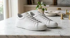 Gemini 3.1 Flash Image — A pair of white leather sneakers on a marble count