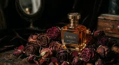 Gemini 3.1 Flash Image — A bottle of amber perfume on a bed of dried roses,