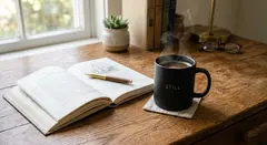 Gemini 3.1 Flash Image — A matte black coffee mug with steam rising, placed