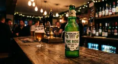 Gemini 3.1 Flash Image — A green glass bottle of craft beer with condensati