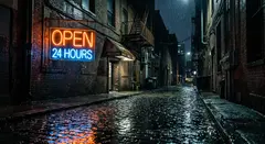 Gemini 3.1 Flash Image — A glowing neon sign reading OPEN 24 HOURS in a dar