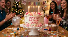 Gemini 3.1 Flash Image — A birthday cake with HAPPY 30TH BIRTHDAY SARAH wri