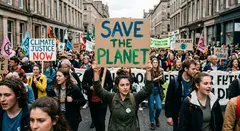 Gemini 3.1 Flash Image — A protest sign held up in a crowd reading SAVE THE