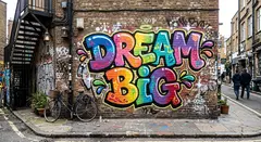 Gemini 3.1 Flash Image — A graffiti mural on a brick wall spelling DREAM BI