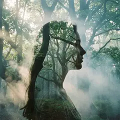 Gemini 3 Pro Image — A double exposure photograph combining a forest wi