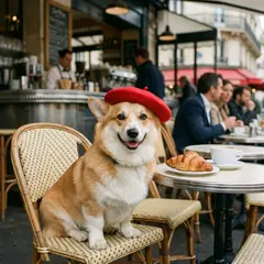 Gemini 3 Pro Image — A corgi wearing a red beret sitting in a Parisian 
