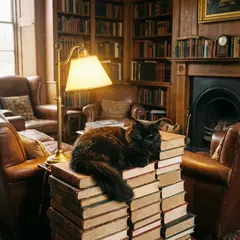 Gemini 3 Pro Image — A black cat sitting on a stack of old books in a c