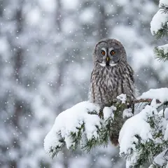 Gemini 3 Pro Image — An owl perched on a snow-covered branch, intense a