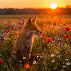Gemini 3 Pro Image — A fox in a field of wildflowers, backlit by sunset