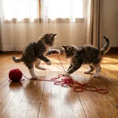 Gemini 3 Pro Image — Two kittens playing with a ball of red yarn on a h