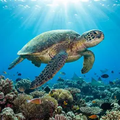 Gemini 3 Pro Image — A giant sea turtle swimming over a coral reef, und
