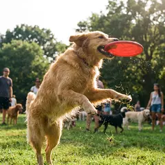 Gemini 3 Pro Image — A golden retriever catching a frisbee in mid-air a