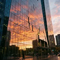 Gemini 3 Pro Image — A modern glass skyscraper reflecting clouds at sun