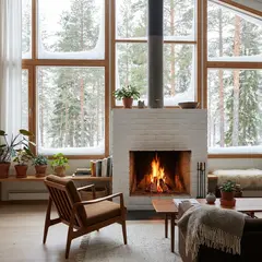 Gemini 3 Pro Image — A cozy Scandinavian living room with a fireplace, 