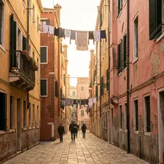 Gemini 3 Pro Image — A narrow cobblestone alley in Venice with colorful