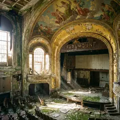 Gemini 3 Pro Image — An abandoned Art Deco theater with peeling gold pa