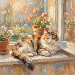 Gemini 3 Pro Image — A cat sitting on a windowsill, impressionist oil p