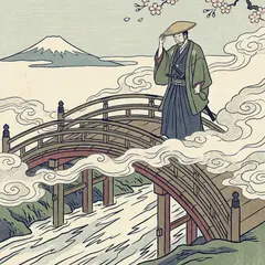 Gemini 3 Pro Image — A lone samurai standing on a misty bridge, ukiyo-e