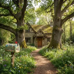 Gemini 3 Pro Image — A small house between two tall trees, with a path 