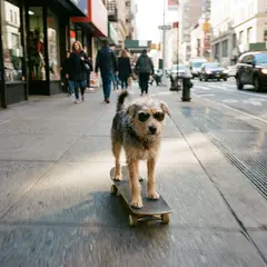 Gemini 3 Pro Image — A dog wearing sunglasses riding a skateboard down 