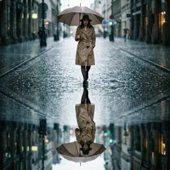 Gemini 3 Pro Image — A woman holding an umbrella in the rain, reflected