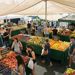 Gemini 3 Pro Image — A busy farmer's market scene with at least six dif