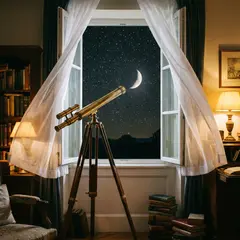 Gemini 3 Pro Image — A telescope pointing at the moon through an open w