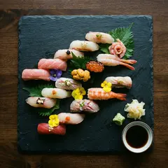 Gemini 3 Pro Image — A perfectly plated sushi omakase on a black slate 