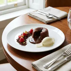 Gemini 3 Pro Image — A dripping chocolate lava cake cut open on a white