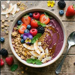 Gemini 3 Pro Image — A colorful acai bowl topped with fresh berries, gr