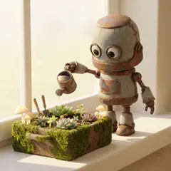 Gemini 3 Pro Image — A 3D render of a cute robot watering plants in a m