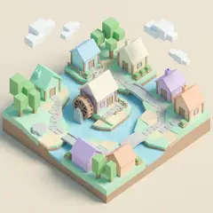 Gemini 3 Pro Image — An isometric low-poly village with tiny houses, tr