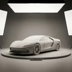 Gemini 3 Pro Image — A clay render of a sports car, white material, stu
