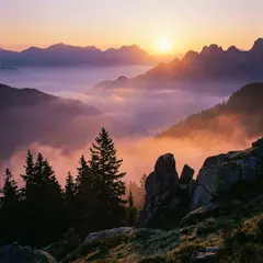 Gemini 3 Pro Image — A misty mountain range at sunrise, layers of purpl