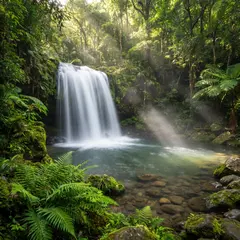 Gemini 3 Pro Image — A waterfall cascading into a tropical pool surroun