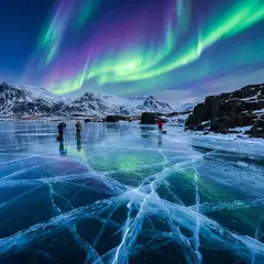 Gemini 3 Pro Image — A frozen lake with cracks in the ice, Northern Lig