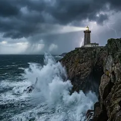 Gemini 3 Pro Image — A coastal cliff with crashing waves below, lightho