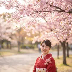 Gemini 3 Pro Image — A Japanese woman in a red kimono standing under ch