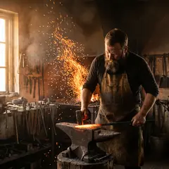 Gemini 3 Pro Image — A bearded blacksmith in a dark workshop, sparks fl