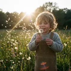 Gemini 3 Pro Image — A child blowing dandelion seeds in a sunlit meadow
