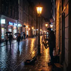 Gemini 3 Pro Image — A street musician playing saxophone under a lamppo