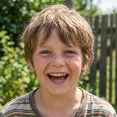 Gemini 3 Pro Image — A freckled boy with bright blue eyes and messy hai