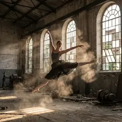 Gemini 3 Pro Image — A ballet dancer mid-leap in an abandoned warehouse