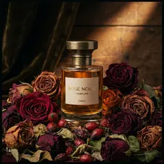 Gemini 3 Pro Image — A bottle of amber perfume on a bed of dried roses,