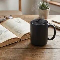 Gemini 3 Pro Image — A matte black coffee mug with steam rising, placed