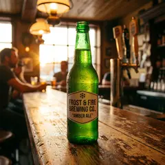 Gemini 3 Pro Image — A green glass bottle of craft beer with condensati