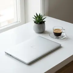 Gemini 3 Pro Image — A sleek laptop on a clean white desk with a potted