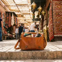 Gemini 3 Pro Image — A leather messenger bag on a sun-dappled step in a